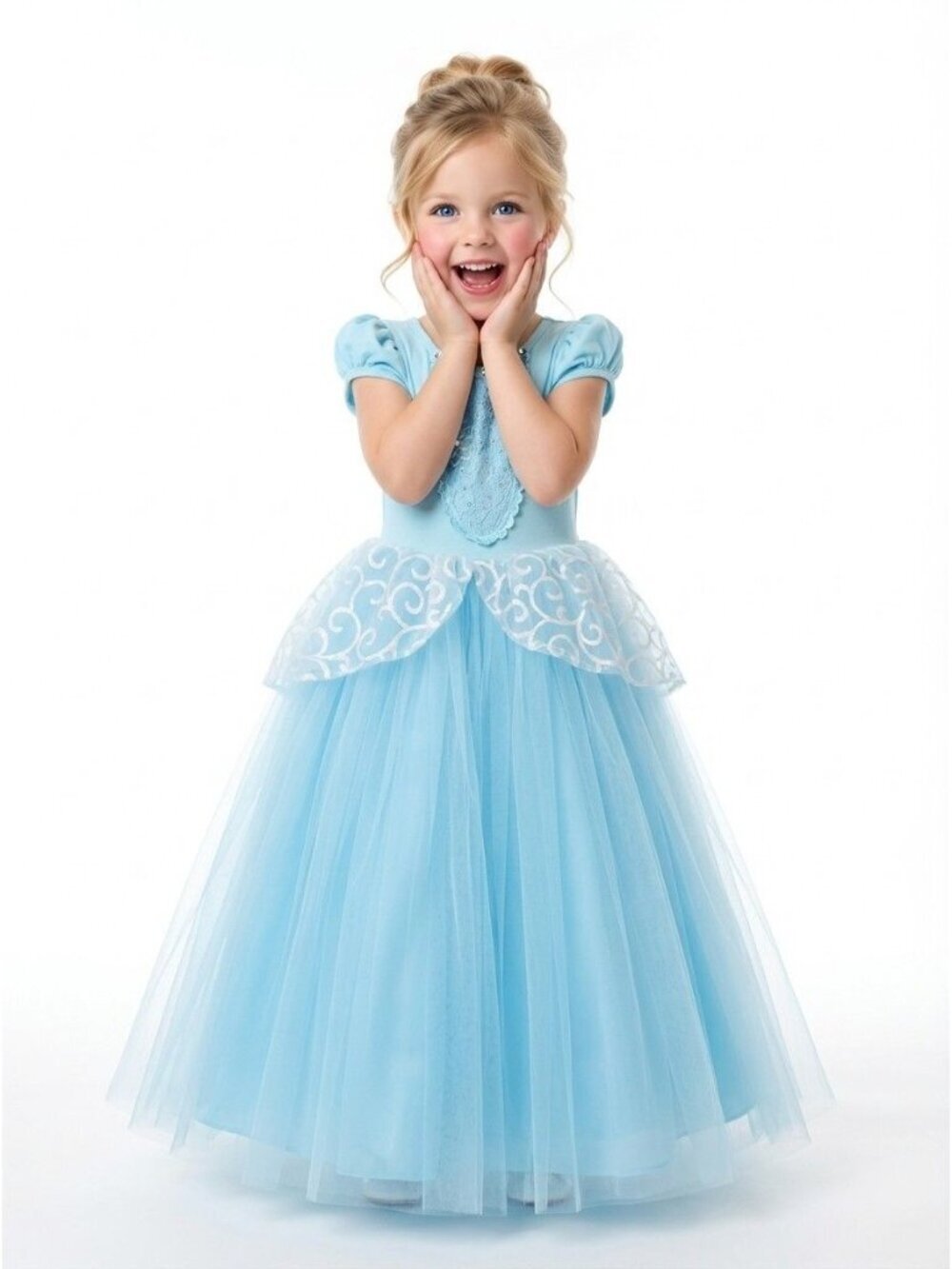 Girls Cinderella Princess Costume Dress Light Blue Tulle Birthday Party